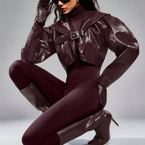 Burgundy Casual Women's Long Sleeve Crop Jacket with Belt Buckle Detail - Picture 3 of 6